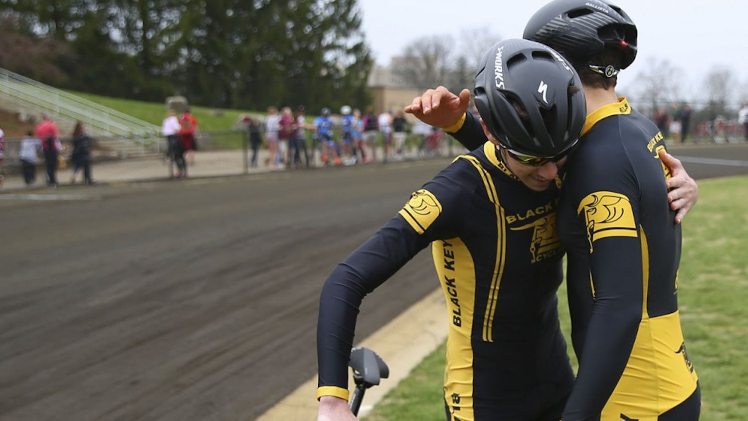 Black Key Bulls riders embrace after their qualification bid at the Bill Armstrong Stadium Saturday.  BKB qualified for the 2017 Little 500 Bike Race with a time of 02:26.5.