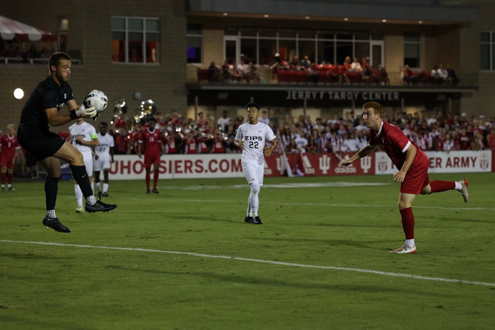 <p>Senior forward Ryan Wittenbrink makes a goal attempt against the University of Akron on Sept. 9, 2022, at Bill Armstrong Stadium. Indiana will face Ohio State at 2 p.m. Sunday in Columbus, Ohio.</p>