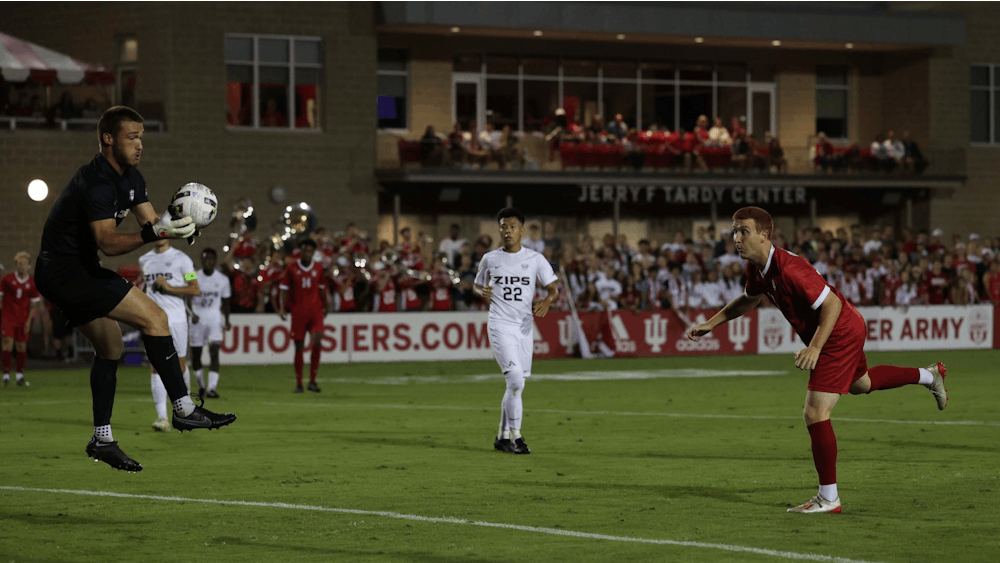 Senior forward Ryan Wittenbrink makes a goal attempt against the University of Akron on Sept. 9, 2022, at Bill Armstrong Stadium. Indiana will face Ohio State at 2 p.m. Sunday in Columbus, Ohio.