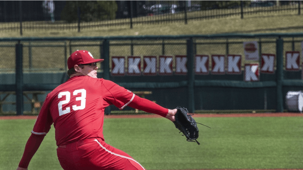 Junior pitcher Andrew Saalfrank pitches against Canisius College on March 17 at Bart Kaufman Field. Saalfrank recorded 14 strikeouts in Indiana’s 12-1 win.