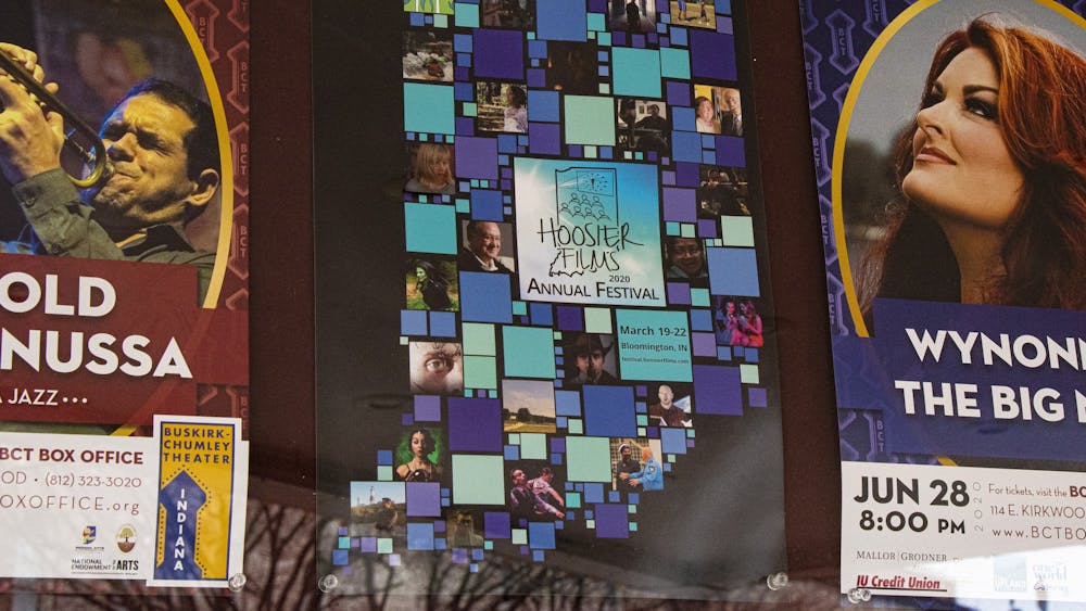 A poster advertising the Hoosier Films Annual Festival is on display March 11 outside the Buskirk-Chumley Theater. The film event takes place at the theater March 19 to 22.