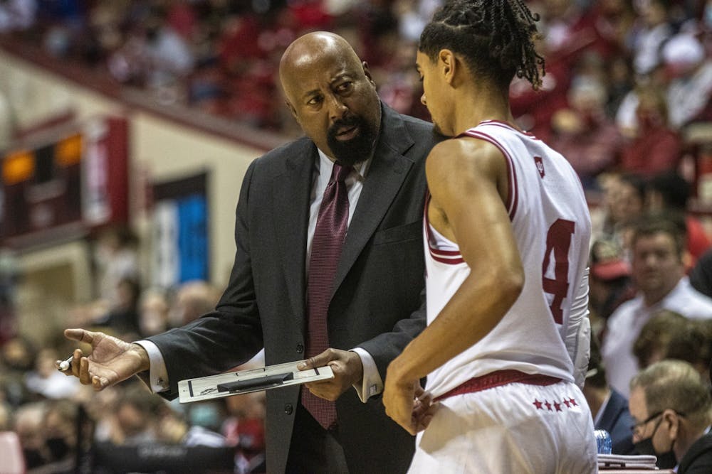 <p>IU head coach Mike Woodson speaks to sophomore guard Khristian Lander during the game against Jackson State University on Nov. 23, 2021, at Simon Skjodt Assembly Hall. Lander scored 3 points in 17 minutes of playing time Tuesday against Jackson State.</p>