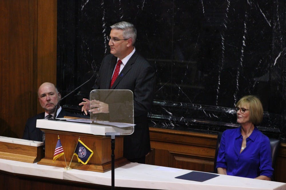 Gov. Eric Holcomb gives his State of the State speech Tuesday at the Indiana statehouse. Holcomb addressed topics such as drug abuse, education and infant mortality rates, and how Indiana citizens can help these issues improve in Indiana.&nbsp;