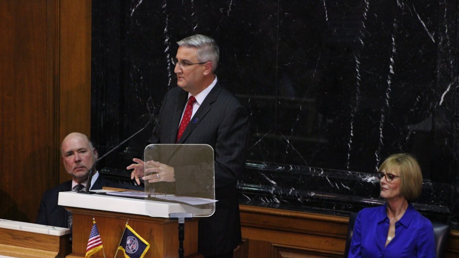Gov. Eric Holcomb gives his State of the State speech Tuesday at the Indiana statehouse. Holcomb addressed topics such as drug abuse, education and infant mortality rates, and how Indiana citizens can help these issues improve in Indiana.&nbsp;