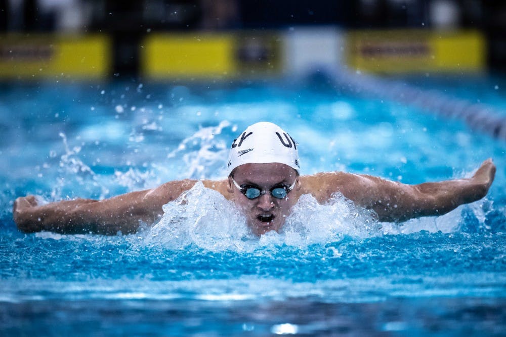 <p>Incoming IU freshman Brendan Burns swims the butterfly with the Upper Main Line YMCA club team.</p>