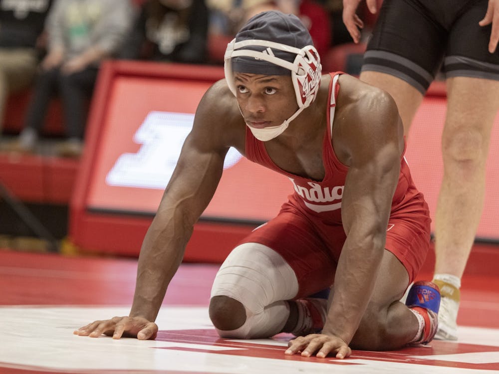Sophomore DJ Washington prepares for his match on Jan. 29, 2022, at Wilkinson Hall. Two Hoosiers will compete in the NCAA Championships from March 17-19.