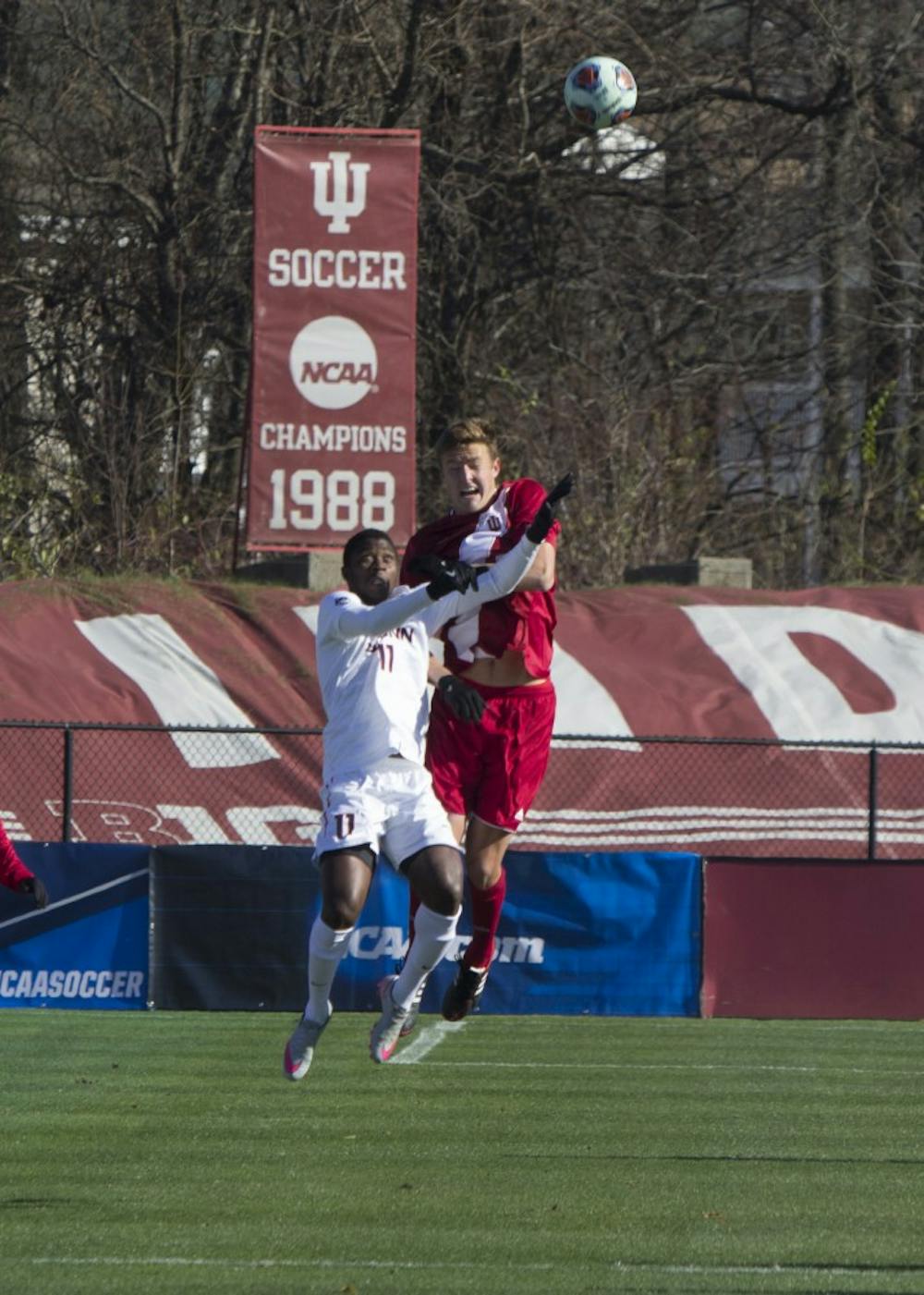 Sophomore defender Grant Lillard jumps up for a header during the first half of play against UConn on Sunday at Bill Armstrong Stadium. The Hoosiers won 1-0.