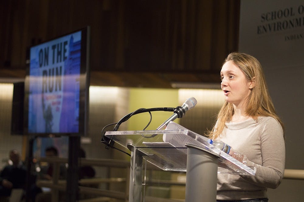 Alice Goffman, a sociology professor at University of Wisconsin-Madison, speaks about her book. "On the Run: Fugitive Life in an American City" on Wednesday in the SPEA Atrium. Goffman's book shares stories from her experiences while living in a disadvantaged neighborhood in Philadelphia.