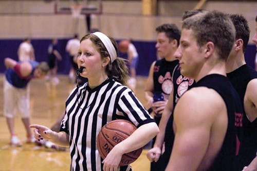 IU senior and head referee Kendra Lower officiates a basketball game Feb. 27 at the Wildermuth Gym.