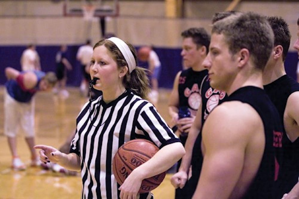 IU senior and head referee Kendra Lower officiates a basketball game Feb. 27 at the Wildermuth Gym.