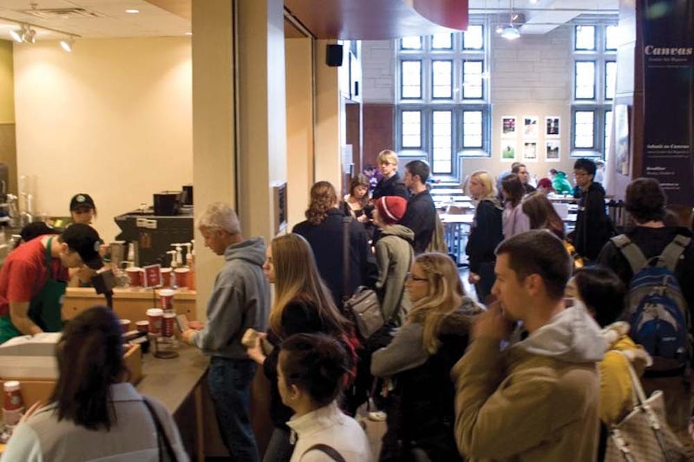 Students gather at Starbucks in the Indiana Memorial Union, a popular study spot, for some coffee.