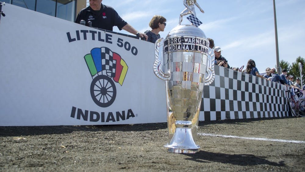 The Borg-Warner Trophy sits on the track Saturday before the 2019 men’s Little 500 at Bill Armstrong Stadium. Cutters took first, Bears camein second and Black Key Bulls placed third. 