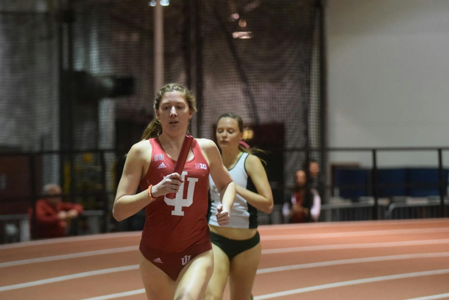 Then-sophomore distance runner Kelsey Harris, now a junior, runs the first leg of the distance medley relay in the Hoosier Hills Invitational on Feb. 10, 2016, in Harry Gladstein Fieldhouse. Harris is currently ranked 8th place in the Big Ten for her performance of 4:26.19 at the Florida Relays and the Stanford Invitational this past weekend.&nbsp;