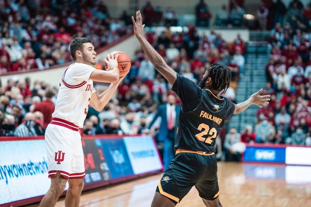 <p>Sophomore guard Anthony Leal passes the ball during Indiana&#x27;s 79-61 win against Northern Kentucky University on Dec. 22, 2021, at Simon Skjodt Assembly Hall. Penn State defeated Indiana 58-61 on Jan. 2, 2022, in University Park, Pennsylvania. </p>