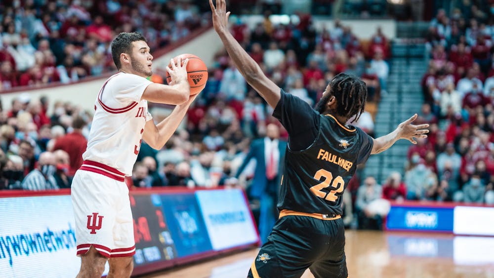 Sophomore guard Anthony Leal passes the ball during Indiana&#x27;s 79-61 win against Northern Kentucky University on Dec. 22, 2021, at Simon Skjodt Assembly Hall. Penn State defeated Indiana 58-61 on Jan. 2, 2022, in University Park, Pennsylvania. 