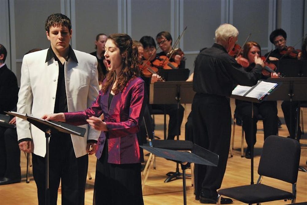 Graduate students Jedediah Allen and Elise Figa perform with the IU Baroque Orchestra Sunday afternoon at the Auer Concert Hall. They are both in the Early Music Institute at the Jacobs School of Music which studies the historical performance of original musical instruments before 1800.