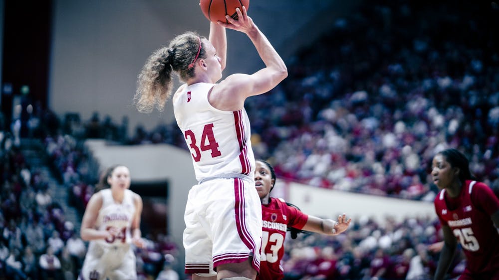 Senior guard Grace Berger takes a jump shot Jan. 15, 2023, at Simon Skjodt Assembly Hall in Bloomington. The Hoosiers beat Michigan 93-82 in Ann Arbor on Monday night.