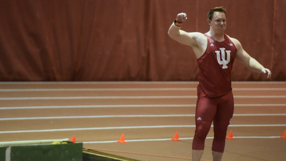 Then-sophomore thrower David Schall pumps his fist after he threw the shot put a career best 18.80 meters in the Hoosier Hills Invitational on Feb. 10, 2017, in Harry Gladstein Fieldhouse. The Hoosiers were back in action this past weekend at home to host the IU Relays. Teams from across the Midwest came to compete in the meet including Kentucky, Cincinnati, Southern Illinois and Southeast Missouri.
