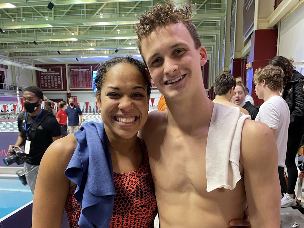Indiana divers graduate student Kristen Hayden and freshman Quinn Henninger pose for a photo Dec. 13, 2021, at Counsilman-Billingsley Aquatics Center. Four Indiana swimmers and divers were on the Big Ten&#x27;s weekly award list Wed. 