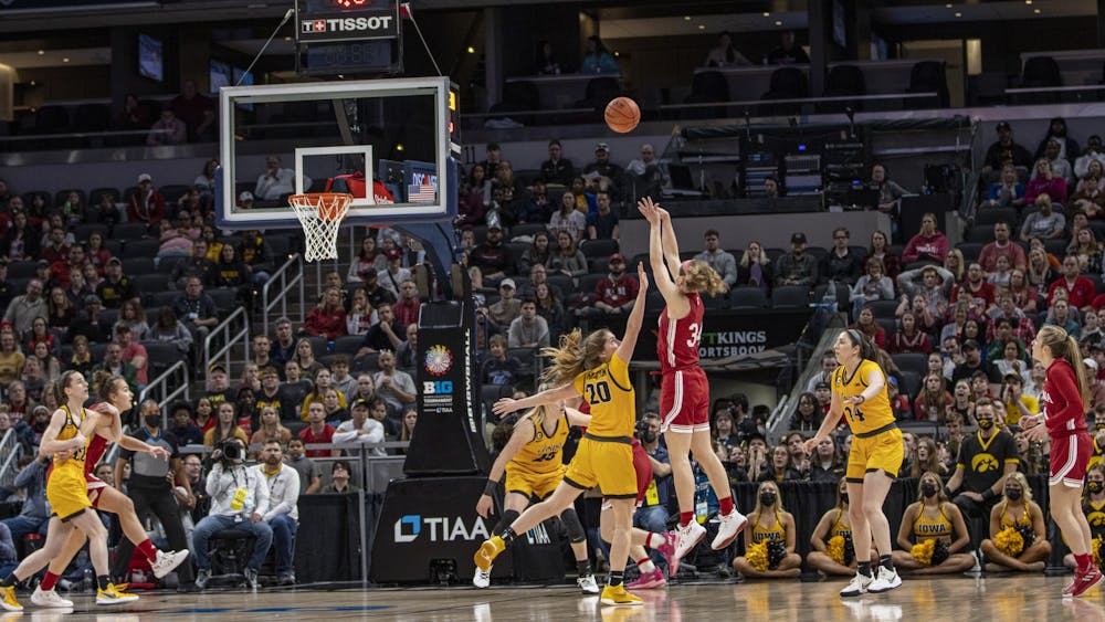 Senior guard Grace Berger shoots as the shot clock runs down in the Big Ten Tournament Championship on March 6, 2022, at Gainbridge Fieldhouse. Berger had 20 points in the loss to Iowa on Sunday.