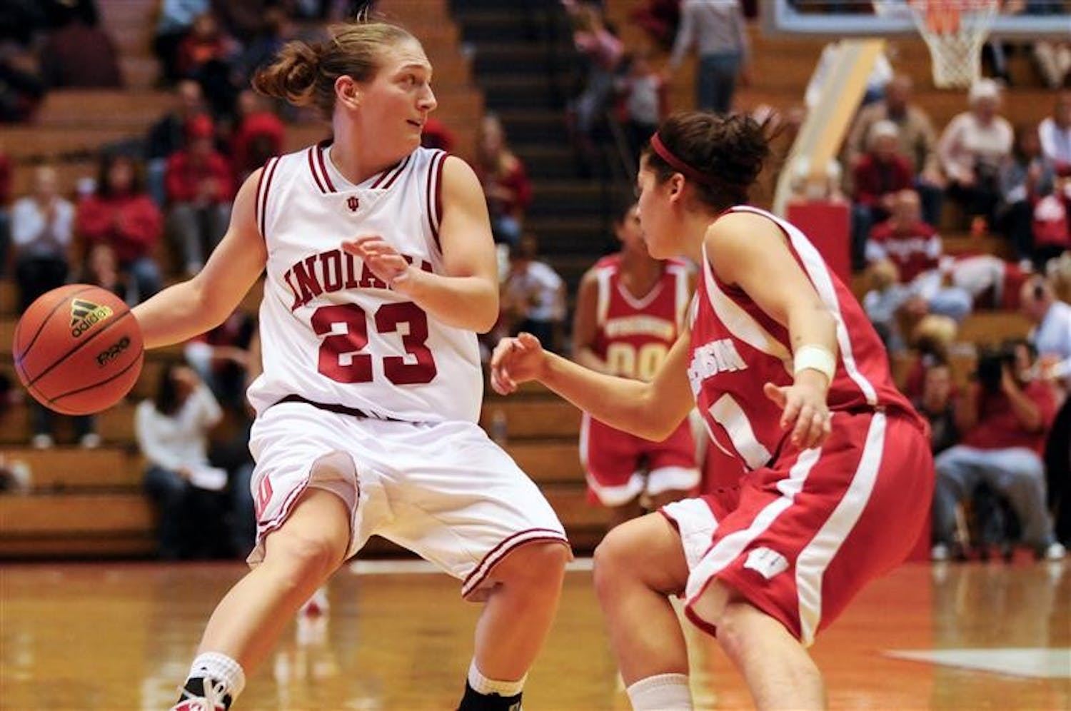 IU guard Jamie Braun looks to pass during IU's 64-61 win over Wisconsin  Jan. 15 at Assembly Hall. Braun had 14 points.