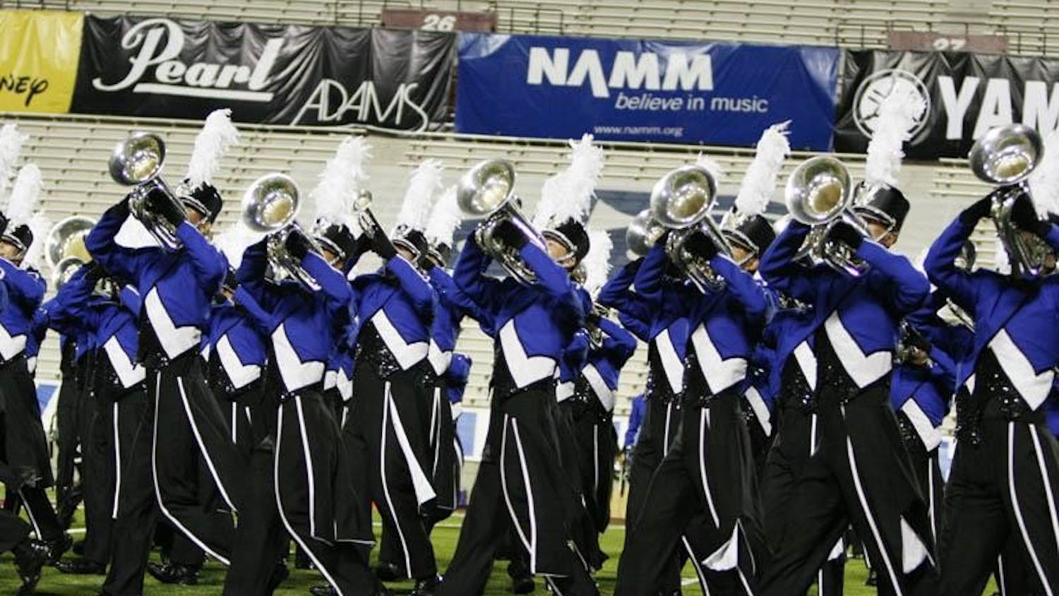 The Blue Devil's hornline performs during the corps' DCI Quarterfinals appearance Thursday night at Memorial Stadium. The corps earned the top score of the evening at 97.375.
