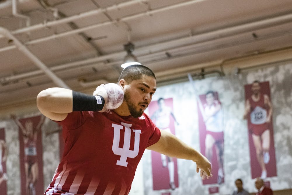 <p>Senior thrower Willie Morrison throws during Hoosier Hills on Feb. 14 in Gladstein Fieldhouse. IU will compete in the Big Ten Indoor Championships on Friday and Saturday in Geneva, Ohio.</p>