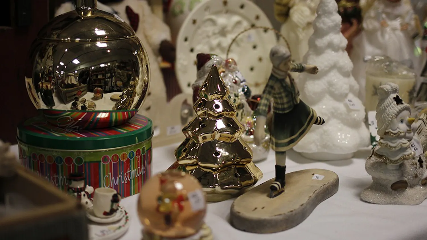 Various holiday trinkets are sold at the Monroe County History Center's "Holiday Market" sale. The items were donated to the center and will be sold there until the first weekend of December.