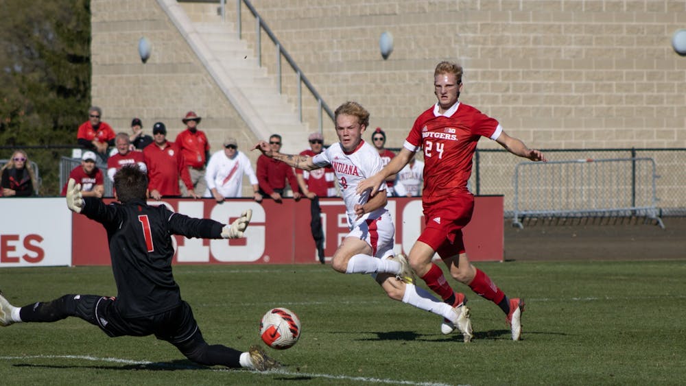 Freshman forward Samuel Sarver watches the ball go into the goal Nov. 7, 2021, at Bill Armstrong Stadium. Indiana men&#x27;s soccer plays Northwestern in the semifinals of the Big Ten Tournament at 2 p.m. Wednesday in Bloomington.