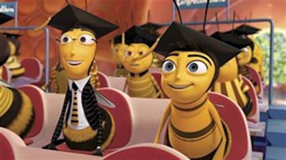 This photo provided by DreamWorks shows Barry B. Benson, right, voiced by Jerry Seinfeld, and Adam Flayman, left, voiced by Matthew Broderick in a scene from "Bee Movie."