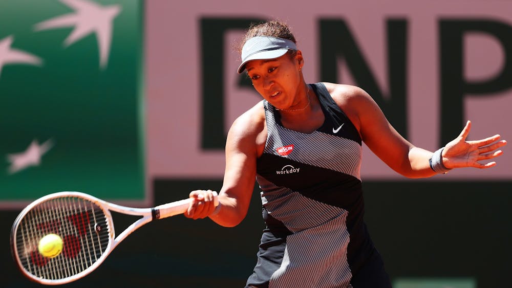 Naomi Osaka of Japan plays a forehand in her First Round match against Patricia Maria Tig of Romania during Day One of the 2021 French Open at Roland Garros on May 30, 2021 in Paris, France. Osaka withdrew from the French Open on May 31.