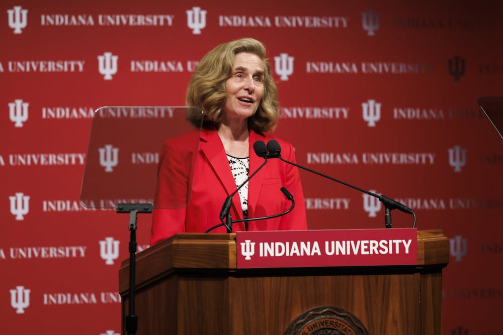 <p>IU President Pamela Whitten delivers the State of the University address on Sept. 29, 2022, at IUPUI. Whitten highlighted people who have been influential in IU&#x27;s life-changing impact on the state, nation and world throughout its history, and outlined goals set for the university as a part of IU 2030.</p>