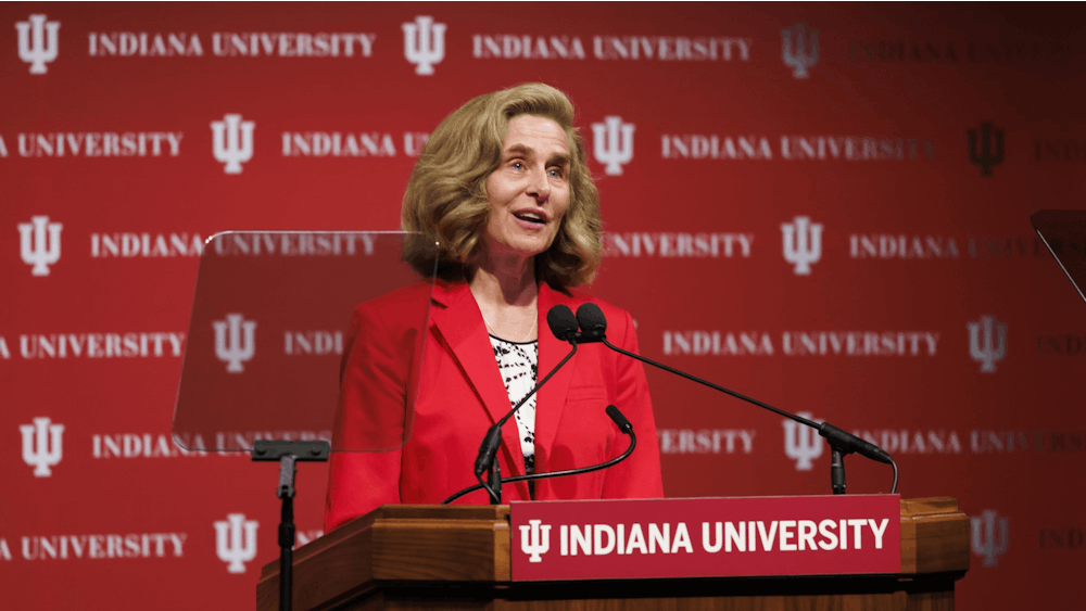 IU President Pamela Whitten delivers the State of the University address on Sept. 29, 2022, at IUPUI. Whitten highlighted people who have been influential in IU&#x27;s life-changing impact on the state, nation and world throughout its history, and outlined goals set for the university as a part of IU 2030.