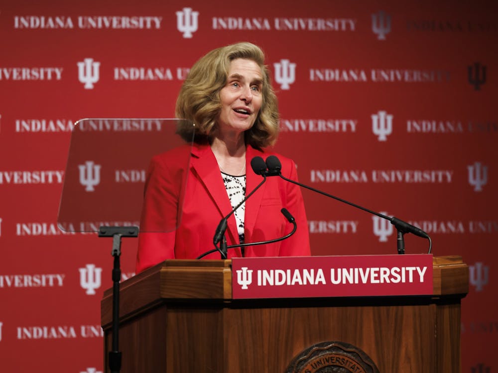 IU President Pamela Whitten delivers the State of the University address on Sept. 29, 2022, at IUPUI. Whitten highlighted people who have been influential in IU&#x27;s life-changing impact on the state, nation and world throughout its history, and outlined goals set for the university as a part of IU 2030.