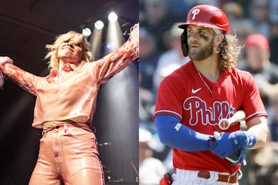 At left, Carly Rae Jepsen performs Feb. 15 in Cologne, Germany. At right, Philadelphia Phillies player Bryce Harper adjusts his gloves during a spring training game.