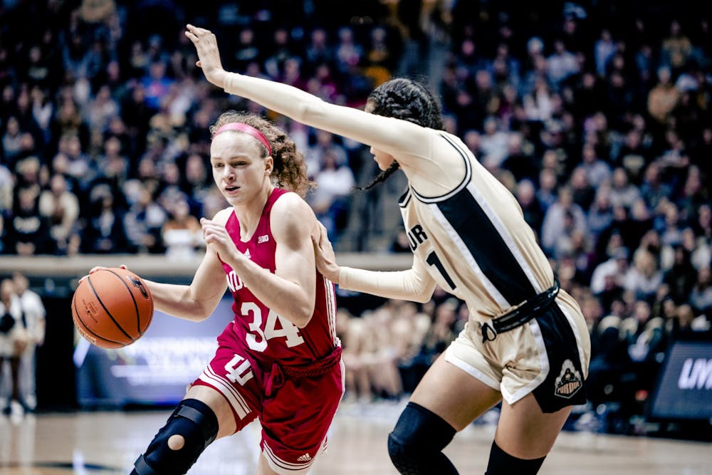 <p>Senior guard Grace Berger drives to the basket against Purdue Feb. 5, 2023, at Mackey Arena in Lafayette, Indiana. Berger will be honored for senior day before the Hoosiers face the Boilermakers at noon Sunday at Simon Skjodt Assembly Hall.</p>