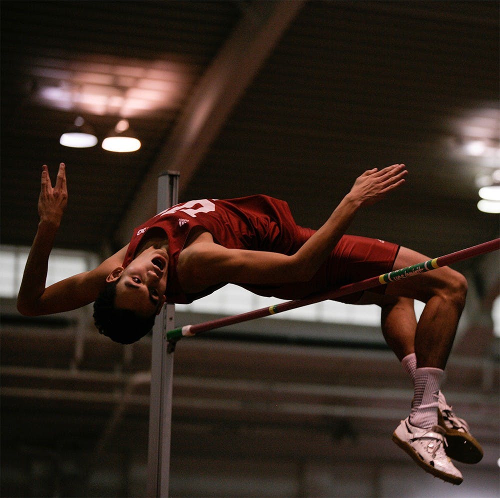 Sophomore high jumper Paul Galas makes his second attempt to clear 2.12 meters in the event. Galas won the event to help the Hoosiers defeat Tennessee 66-47 on Saturday at Gladstein Fieldhouse 