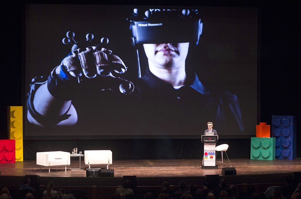 New York Times technology and business columnist Nick Bilton speaks about the future of technology trends Tuesday at the IU Auditorium.