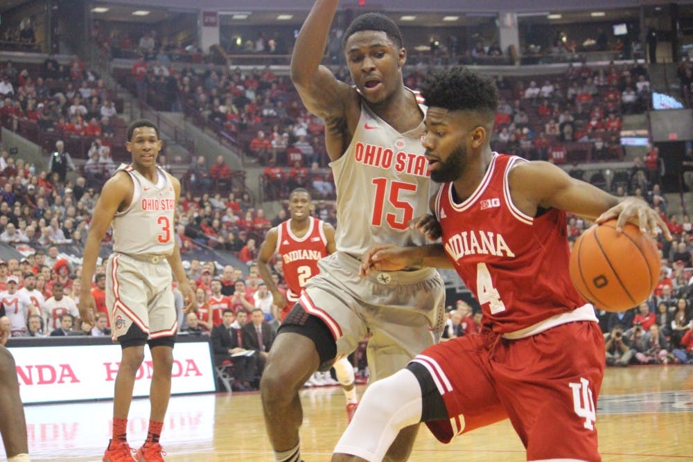 Junior guard Robert Johnson attacks the rim in the first half against Ohio State. The Hoosiers shot more than&nbsp;60 percent from the field in the first 20 minutes. The Hoosiers defeated the Buckeyes 96-92.