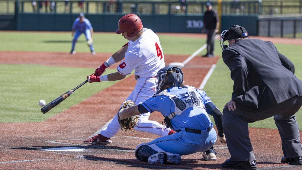 Junior designated hitter Hunter Jessee swings at a pitch in the first game of a doubleheader against Xavier on March 20, 2022, at Bart Kaufman Field. Jessee had two runs batted in during the win over Xavier.