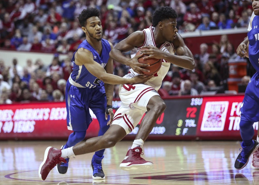 <p>Freshman guard Aljami Durham dribbles the ball during the Hoosiers' game against the Indiana State Sycamores on Friday. The Hoosiers lost to the Sycamores, 90-69.</p>
