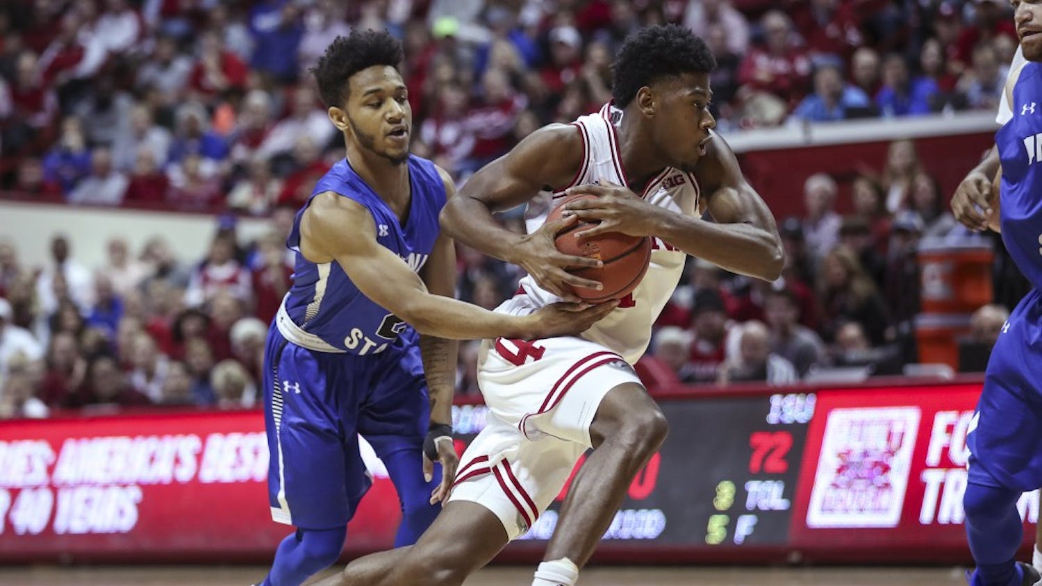 Freshman guard Aljami Durham dribbles the ball during the Hoosiers' game against the Indiana State Sycamores on Friday. The Hoosiers lost to the Sycamores, 90-69.