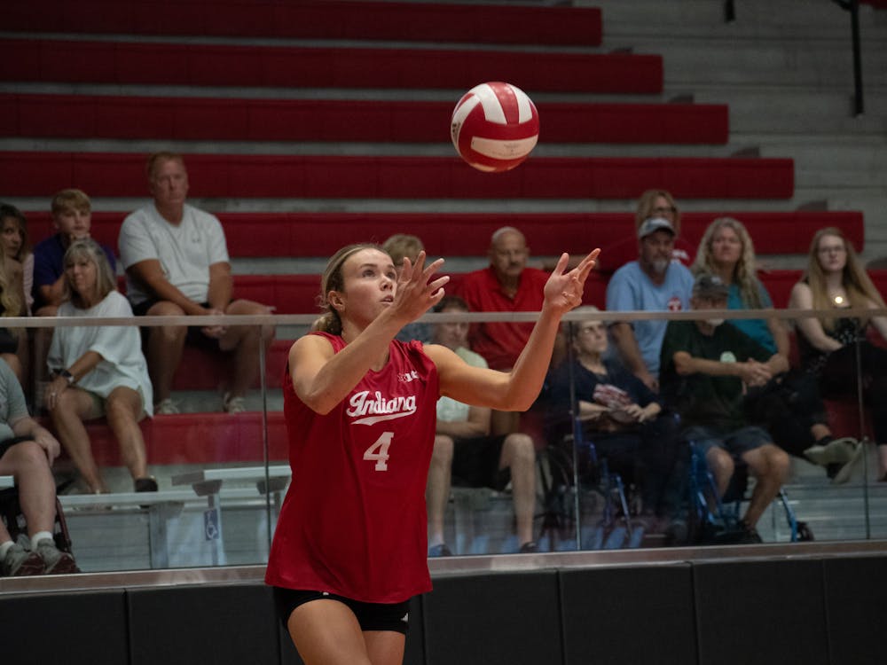 Junior outside hitter Mady Seris serves the ball August 26, 2023, against Southern Indiana at WIlkinson Hall in Bloomington. Indiana went 4-0 in the 305 Challenge over the weekend.