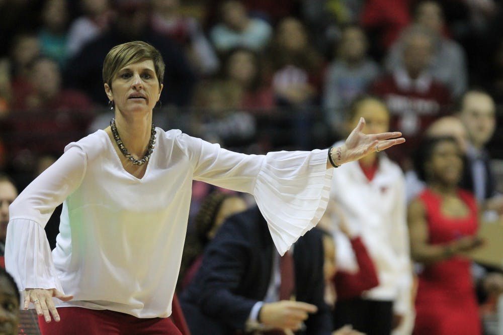 <p>Women's basketball coach Teri Moren calling out to her players during the game against Purdue on Jan. 6 at Simon Skjodt Assembly Hall. The Hoosiers lost to No. 23 Michigan, 84-79.&nbsp;</p>