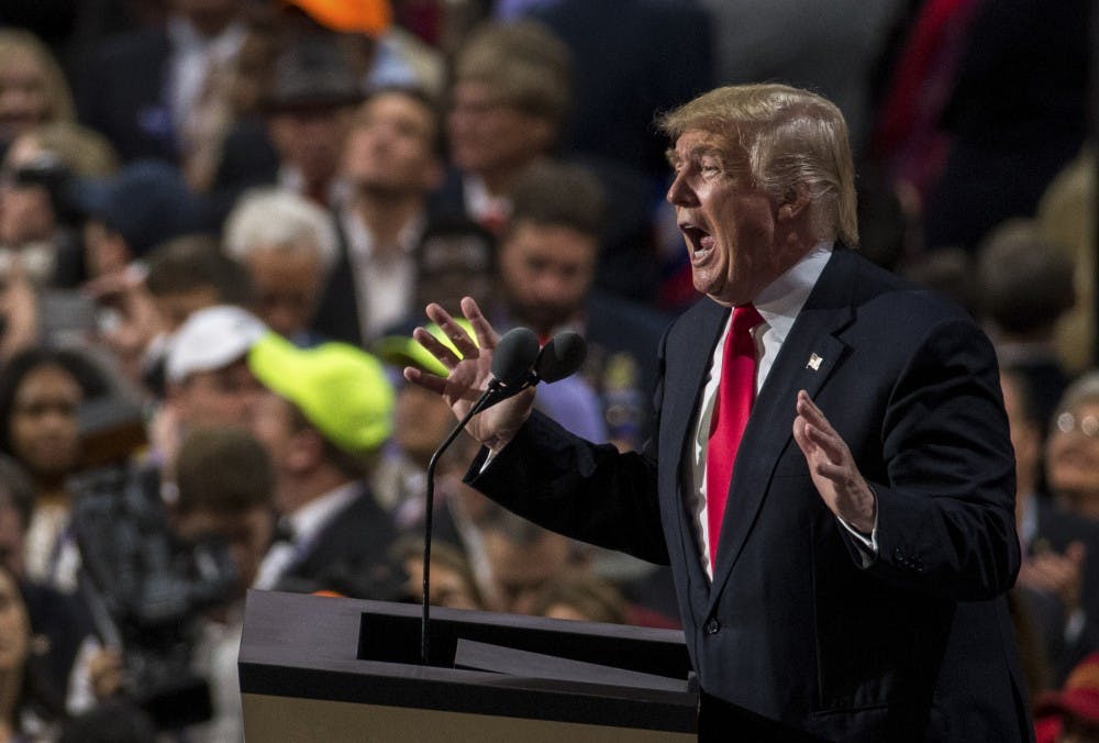 Republican presidential nominee Donald Trump speaks last Thursday at the Quicken Loans Arena in Cleaveland, Ohio.