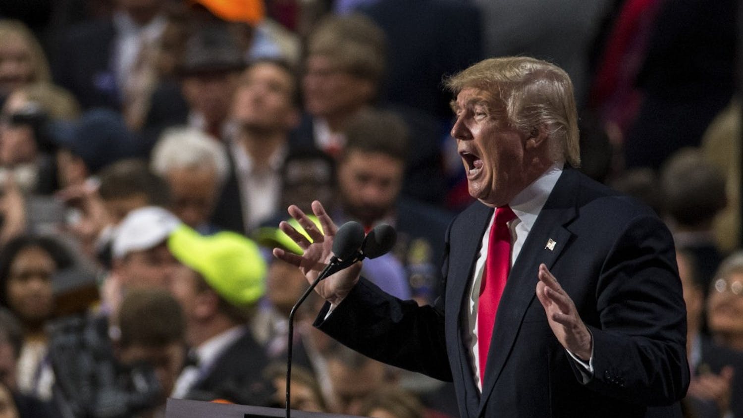 Republican presidential nominee Donald Trump speaks last Thursday at the Quicken Loans Arena in Cleaveland, Ohio.