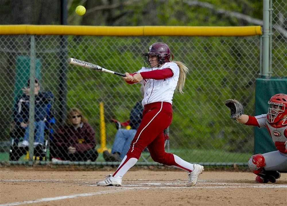 Sophomore pitcher Sara Olson hits the ball April 22 at the IU Softball Field. The last game of the season is a doubleheader against Purdue, at home on May 9, at 1 and 3 p.m.