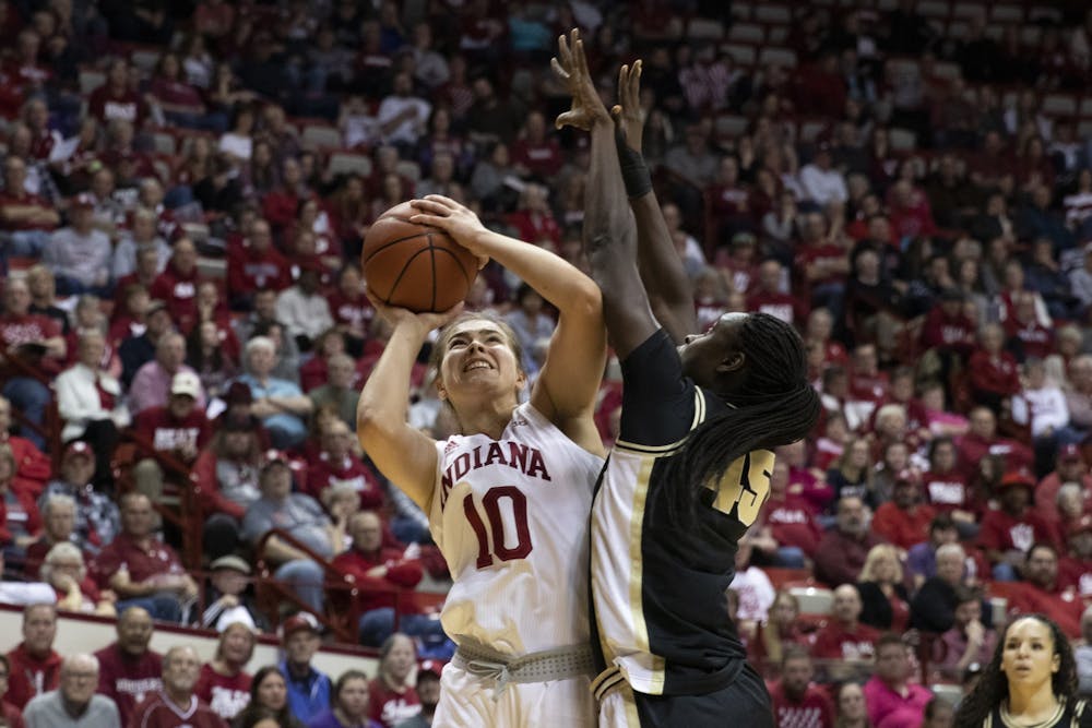 <p>Sophomore Aleksa Gulbe attempts a shot Jan. 9 against Purdue in Simon Skjodt Assembly Hall. IU will travel to Purdue on Monday for their second meeting of the season.</p>