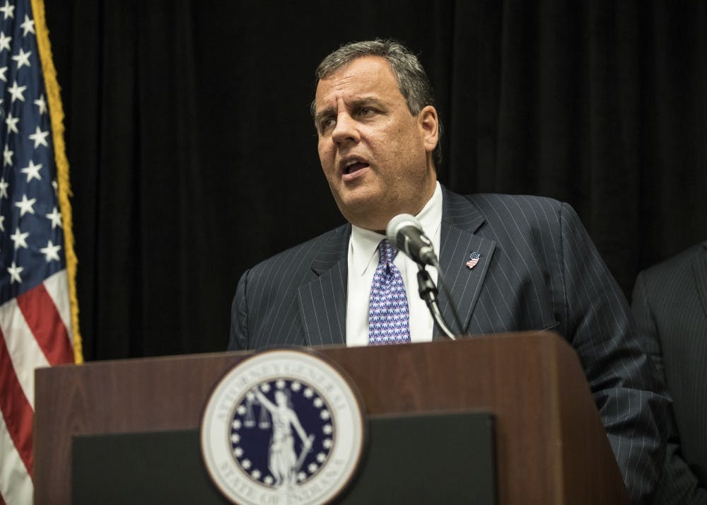 New Jersey Gov. Chris Christie speaks at a press conference at the Sheraton Hotel in Indianapolis on Monday. Christie was the keynote speaker at the 8th Annual Prescription Drug Abuse Symposium.