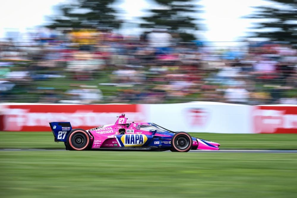 <p>Andretti Autosport driver Alexander Rossi races around the track July 30, 2022,  at the Indianapolis Motor Speedway. Rossi won the Gallagher Grand Prix, earning his first win since 2019 at Road America.</p>